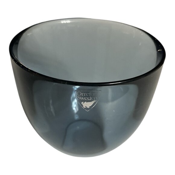 Signed Orrefors Sweden Art Glass Bowl – Smoke Blue Crystal, 3.5" x 3", Scandinav - Picture 1 of 4